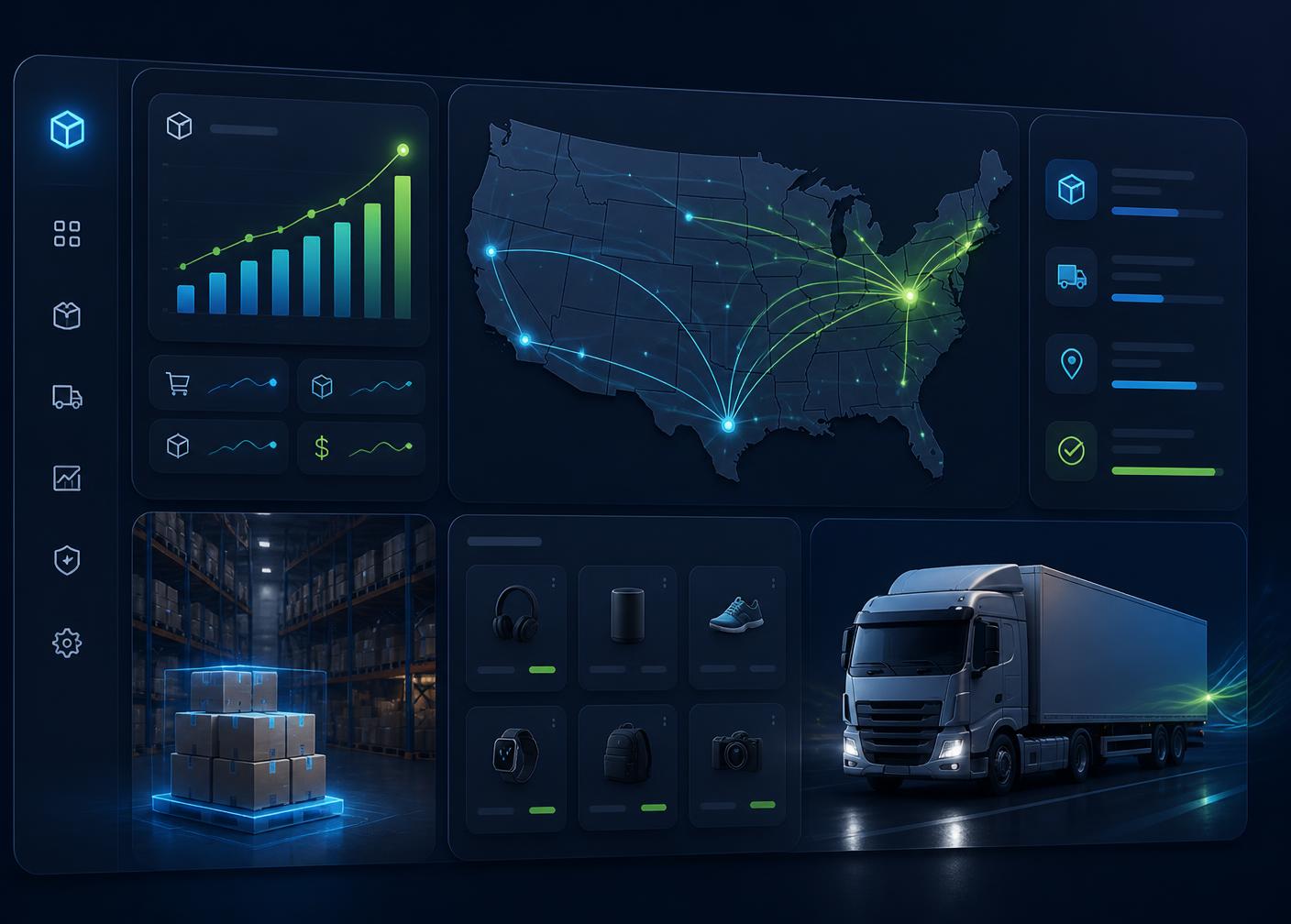 FluxonPulse BD warehouse dashboard showing US shipping routes, live order analytics, and same-day fulfillment